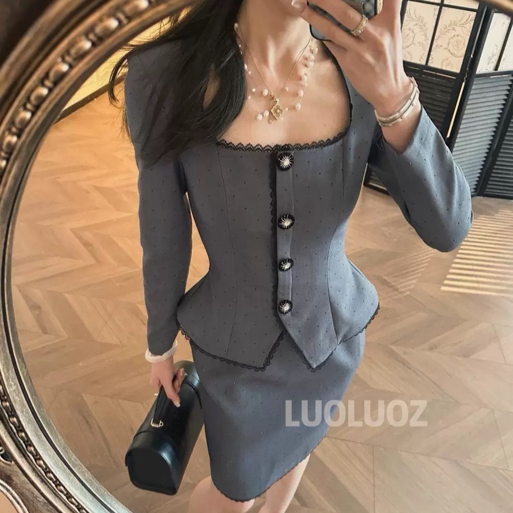 Elegant Gray Blazer and Skirt Set